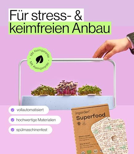 Ingarden Starter-Set – Microgreens Küchengarten in Blau Ozeanplastik-Recycled + 3 Bio-Saatpads – Zieh dir Deine eigenen Microgreens in nur 7 Tagen – 40x mehr Nährstoffe – ohne Erde – modernes Design
