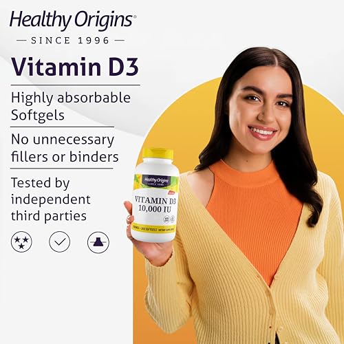 Healthy Origins, Vitamin D3, Softgels Each with 10,000 IU, 360 Capsules, Gluten-Free, Soy-Free, GMO-Free - Image 4
