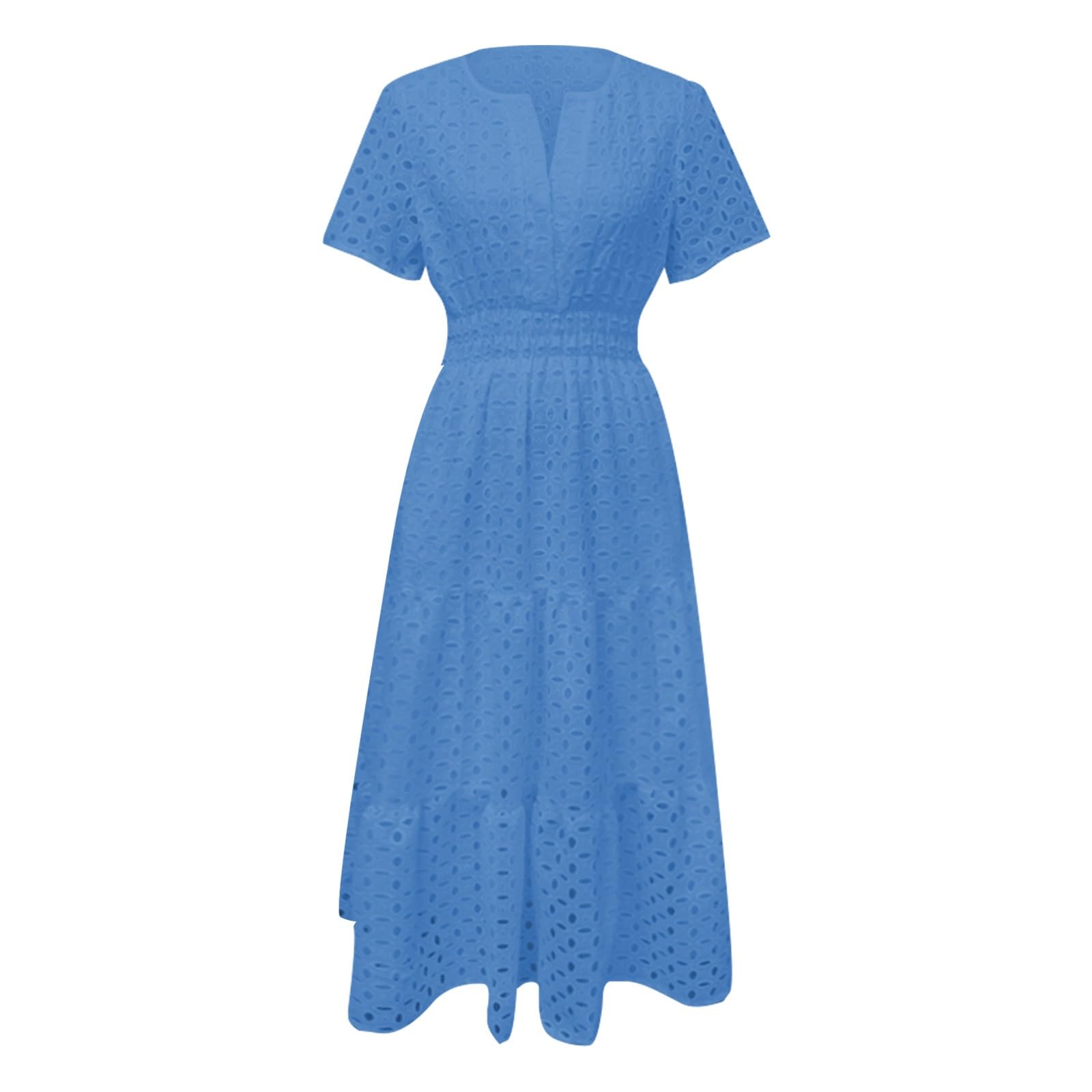 Damen Kleider Sommer Elegant Lang Sommerkleid A Linie Kleid Aushöhlen Maxikleid Mit Ärmeln Sommerkleider Frauen Strandkleid Leicht und Luftig Locker Damenkleid Einfarbig Freizeitkleider