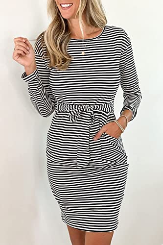 Image of PRETTYGARDEN Women's Fall Long Sleeve Bodycon Party Dress | Tie Waist, Fitted Pencil Dresses, Pockets, Spring Elegant Teacher Outfits for Work Office, Wedding, Holiday, Date Night