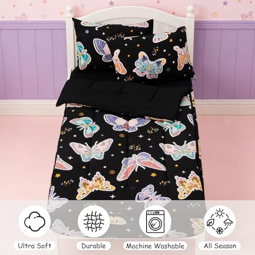 Image of Meeting Story Glow in the Dark Girl Butterfly Full Bedding Sets Zipper Bedding, 3 Pcs Zip Up Comforter Bed in a Bag with Fitted Sheet and 2 Pcs Pillowcases(Blackpurple,Full)
