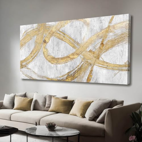 Image of VAYIMDH Decorative Wall Art Line Painting Prints on Canvas White Living Room Wall Decor 24 inchx 48 inch Abstract Artwork Gold Picture Wall Decor for Bedroom