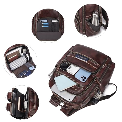 Vintage Full Grain Leather Backpack For Men, 17.3'' Laptop Bag Causal Rucksack Shoulder Bag Overnight For Business/Hiking/Travel4