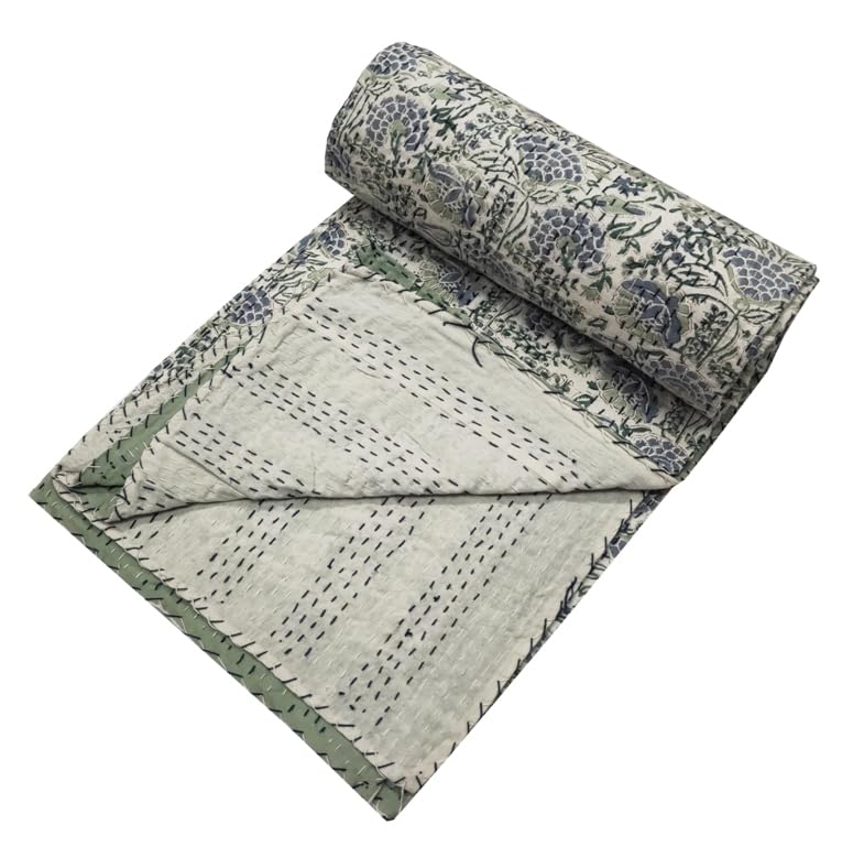 V Vedant Designs Indian Kantha Quilt Handmade Throw Reversible Blanket Bedspread Block Print Fabric Bohemain Quilt Twin/Queen Chic Bedding coverlets (Block 01, Twin)