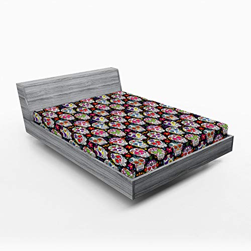 Ambesonne BS_67874_FULL Sugar Skull Fitted Sheet, Skeleton Theme Day Of The Dead Sugar Skull Pattern With Different Ornaments, Soft Decorative Fabric Bedding All-Round Elastic Pocket cover