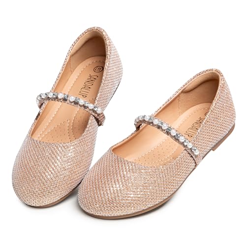 SANDALUP Little Girls Dress Shoes Mary Jane Ballerina Flat Shoes for Wedding Party School with Pearl Rhinestone Strap
