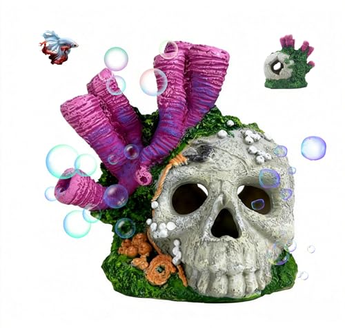 MaryCarrie Skull Aquarium Hideout with Coral Betta Fish Tank Decorations Shrimp Cave & Small Fish Hideaway Resin Underwater Skull Decor for Freshwater Aquarium