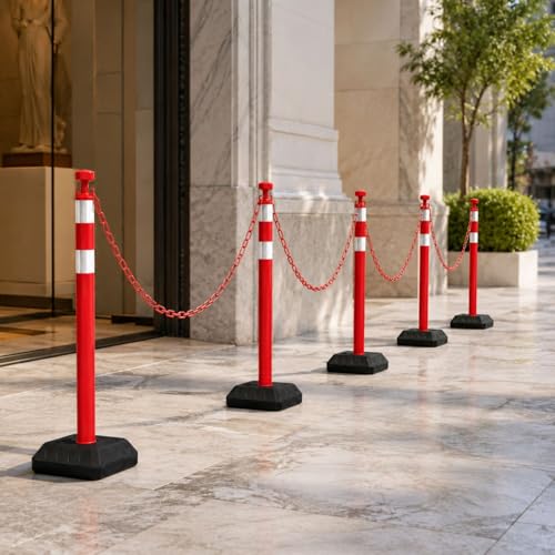 Image of 6 Pack Traffic Delineator Post Cones with Chain Stanchion,Red Crowd Control Safety Barrier Posts with Water Filled Base for Traffic Control, Parking Lots and Event Management (Red)