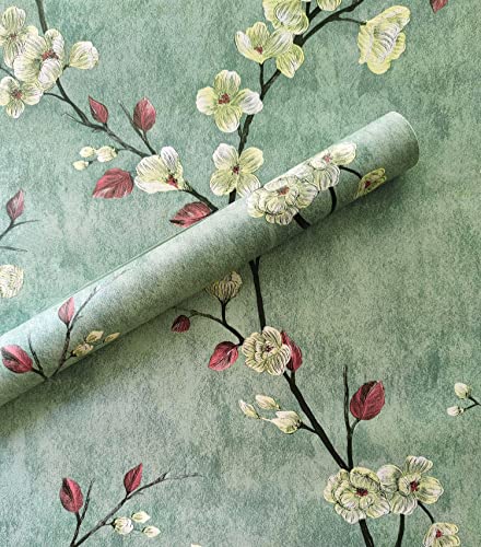17.7'' x 118'' Floral Peel and Stick Wallpaper Green Flower Contact Paper Waterproof Removable Wallpaper Modern Wall Paper Decorative Self Adhesive Contact Paper for Walls