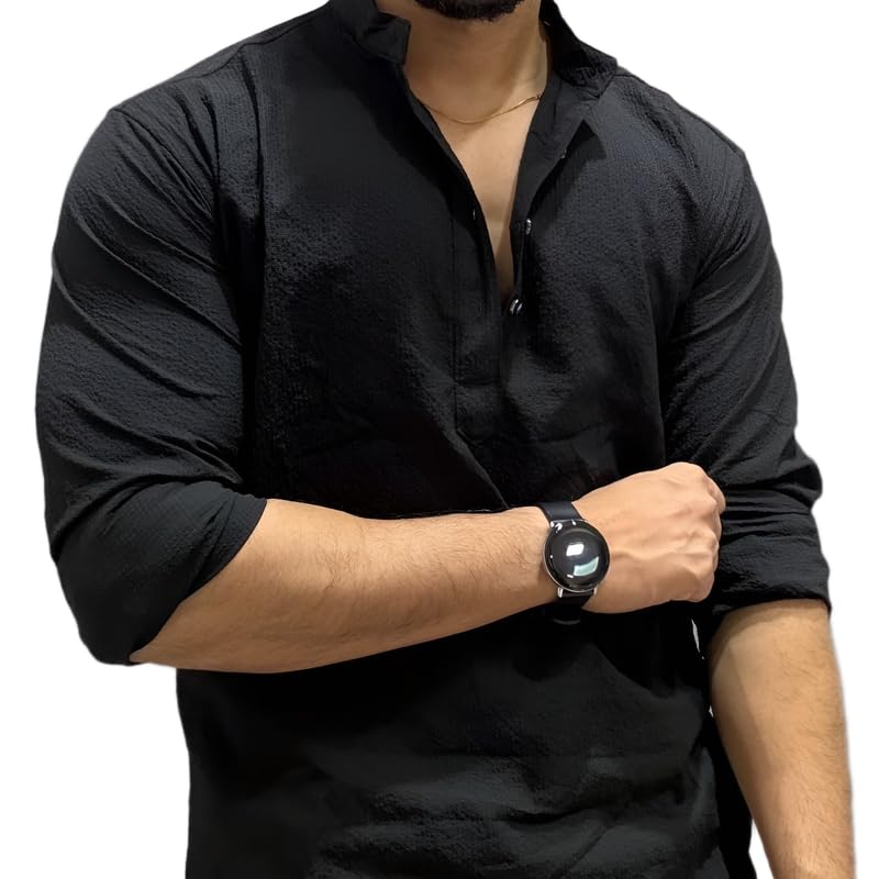 Cotton Blend Solid Casual Regular Fit Mandarin/Chinese Collor Short Kurta for Men-picture-56