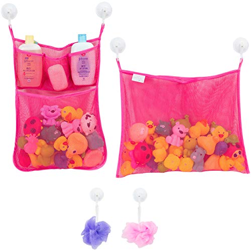 Image of 2 x Mesh Bath Toy Organizer + 6 Ultra Strong Hooks – The Perfect Bathtub Toy Holder & Bathroom or Shower Caddy – These Multi-use Net Bags Make Baby Bath Toy Storage Easy – For Kids & Toddlers