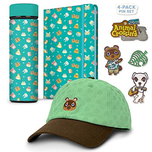 Controller Gear Animal Crossing Teal Icons Stainless Steel Water Bottle, Hard Cover Journal, Tom Nook Hat, & Lapel Pin Set [4 Pack] Animal Crossing Merchandise - Not Machine Specific