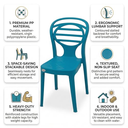 Image of Oaknest Supreme Oak Armless Plastic Dining Chair | Compact & Ergonomic Design for Home, Living Room, Balcony & Outdoor Seating | Color : Oxford Blue, Set of 4