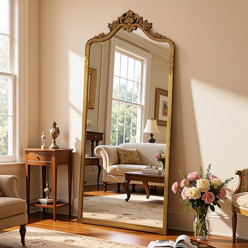 Antok Espejo de cuerpo entero tallado vintage para salón, vestidor, 175 x 71 cm, dorado