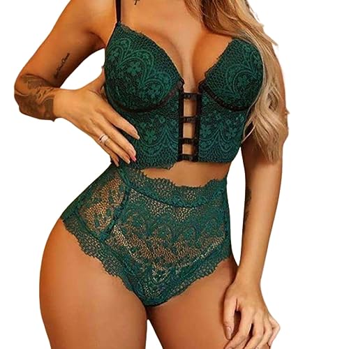 ROSVAJFY Conjunto de Lencería Sexy Encaje Mujer,2 Piezas de Sujetador Push Up Bragas Tanga Slips de Cintura Alta,Ropa interior con Cuello en V Profundo Elástica,Ropa Interior Ropa Interior Ropa De