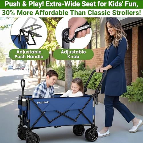 BEAU JARDIN XXL Festival Trolley on Wheels 300L, Adjustable Pull/Push Handle, Folding Wagon, Portable Camping Cart, Collapsible Foldable Trolly for Outdoor Skiing Beach Fishing, Wide Wheels, Blue