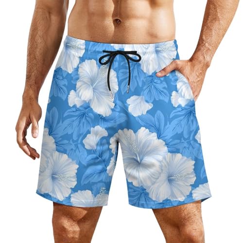 Cute Hibiscus Flower Print Mens Swim Trunks with Quick-Drying Lining Beach Shorts for Outdoor Sports - Main Image