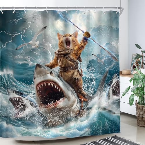 Image of Funny Cat Riding Shark Shower Curtain Ocean Waves 72Wx78H Inch Decor