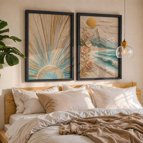 Image of NoWorries Coastal Sunrise Wall Painting Set of 2 with Frame | Textured Sunburst & Beach Landscape Artwork, Ocean Mountain Floral Nature Wall Decor for Living Room, Bedroom, Office and Home Decoration (Art-13, 17x25inch)