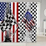 American Flag Shower Curtain,Racing Car Black White Checkered Flag Bath Curtain for Kids Boys,Abstract Sports Geometric Waterproof Bathroom Curtain with 12 Hooks Suit, 72Wx72L inch