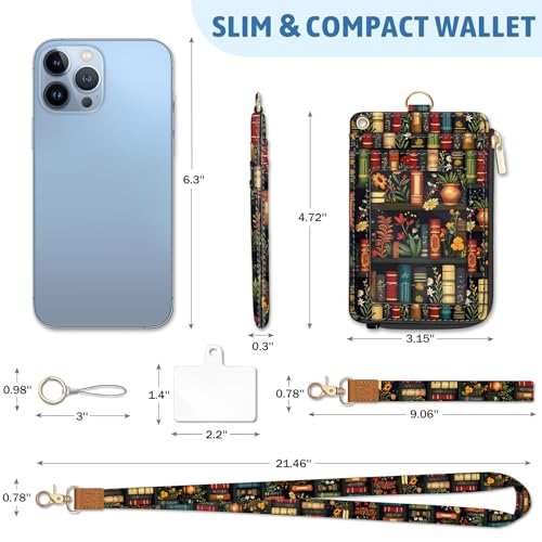 Plant Book Shelf Lanyard Wallet with ID Badge Holder, Floral Small RFID Wallet Women Keychain Wristlet, Slim Credit Card Holder with Zipper Pocket Phone Lanyard Wrist Strap Office Teacher Gift
