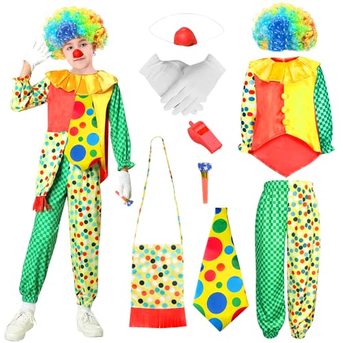 TOSZOLY Clown Kostüm Kinder, 10-teilig Set mit Perücke, Nase,...