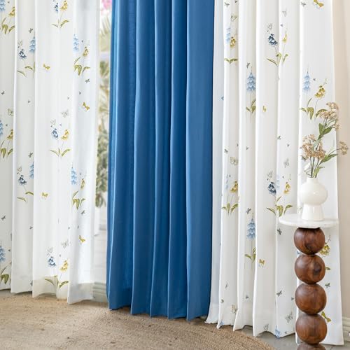 Image of Tranquebar Curtain Co. Window Curtains 5 Feet, 60-65% Room Darkening, Blue Butterfly & Floral Print, Cotton Curtains for Window, Cotton Curtains 5 Feet Set of 3, BackTabs, Titli Blue Combo (152 cm)