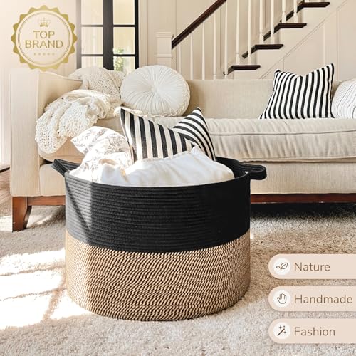 Image of INDRESSME Large Storage Baskets for Organizing, 21.7 x 13.8 Blanket Basket Living Room Dog Toy Bin, Woven Laundry Basket for Dirty Clothes, Pillows, Towel, 90L Mix Black