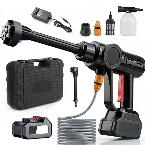DIRU Hidrolimpiadora a Batería 48V, Portátil Alta Presión 600W con 6 Boquillas, 2 Baterías, Espuma y Manguera 5m para Coche y Jardín