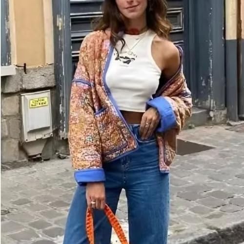 Womens Cropped Quilted Lightweight Jackets Floral Printed Open Front Puffer Coat Cardigan4