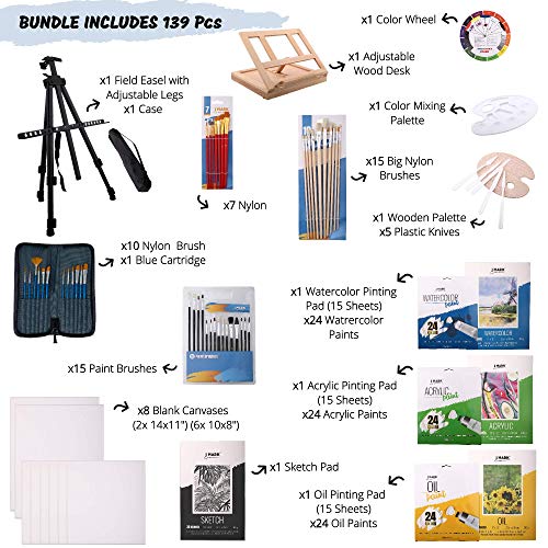 139pc Deluxe Artist Painting Set for Adults - Includes Adjustable Aluminum and Wood Easels, Brush Sets, Watercolor, Acrylic and Oil Sheets and Paints, Sketch pad, Tools, Palettes, Various Canvas