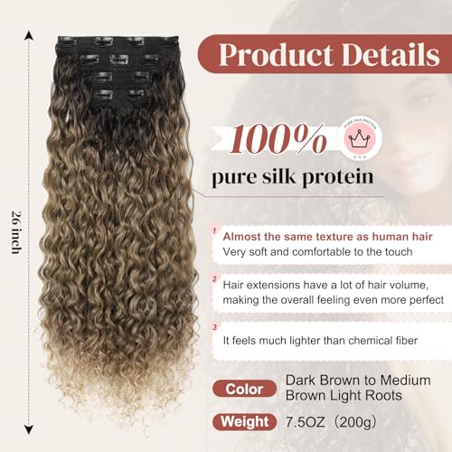 LONAI 4PC Clip in Hair Extensions, 100％ Pure Protein Silk Curly Hair Extension for Women, 26 Inch Long Soft Natural Hair Extensions-Dark Brown to Medium Brown Light Roots