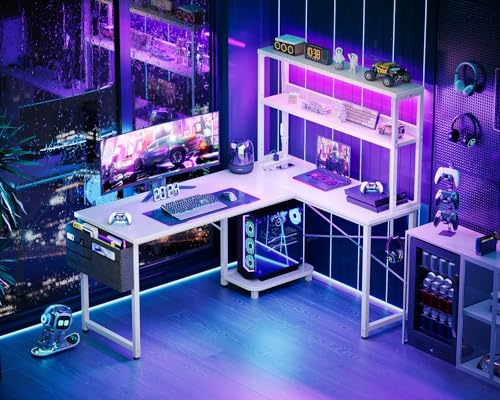 AODK L Shaped Desk Gaming Desk with LED Light & Power Outlet, 53 Inch Reversible L Shaped Computer Table with Shelf, Corner Desk with Storage Bag&Hook for Home Office Desk, White
