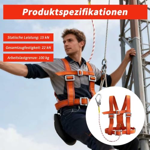 Absturzsicherung Sicherheitsgurt, Fallschutz Sicherheitsgurt mit 2M Seil, Fallschutz Absturzsicherungsgurt, Klettergurt Herren Tragfähigkeit 100 kg, Auffanggurt Dachdecker, Industrie, Höhenarbeit