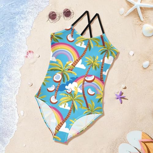 Coconut Tree Rainbow Girls One Piece Swimsuits Summer Quick Dry Beach Bathing Suit3