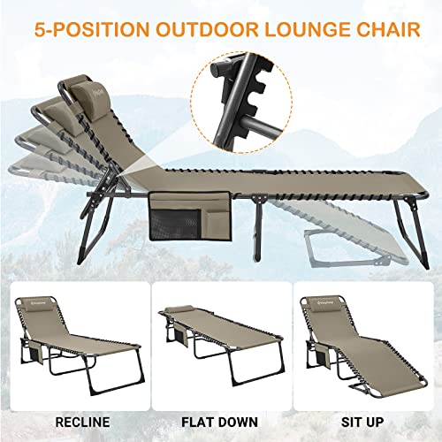 Kingcamp 5-Position Folding Lounge Chairs For Outside, Adjustable Patio Chaise Lounges For Lawn, Beach, Pool And Sunbathing, Portable Heavy-Duty Camping Reclining For Outdoor With Pillow (1, Beige) #TOP1