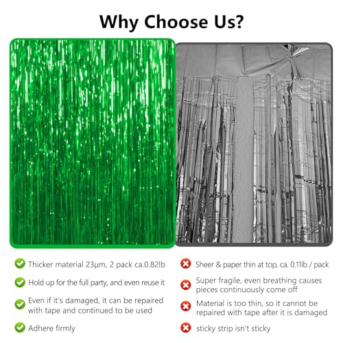Image of Thicken Green Streamers 4 Pack 13.2x8.2 FT, Tinsel Backdrop Curtains, Foil Fringe Photo Backdrop for Dinosaur Birthday, Football, Jungle, Christmas, Golf Party Decorations