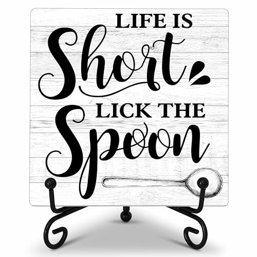GOLRMC Kitchen Counter Decor, Kitchen Decor and Accessories, Life Is Short Sign, Fun Farmhouse Wooden Plaque with Iron Stand for Dinning Room Shelf Display-A08