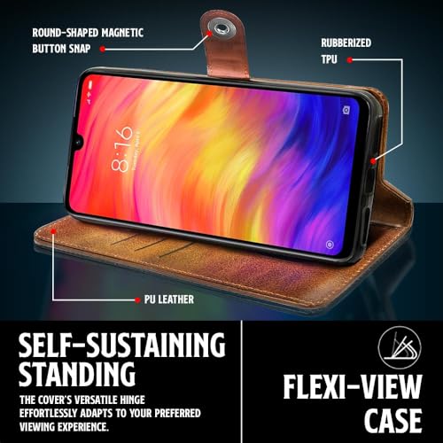 Image of WOW IMAGINE Shock Proof Flip Cover Back Case for Xiaomi Mi Redmi Note 7 | 7 Pro | 7S (Magnetic Button Flip Case | Wallet Pockets & Stand | Leather Finish | Alder Brown)