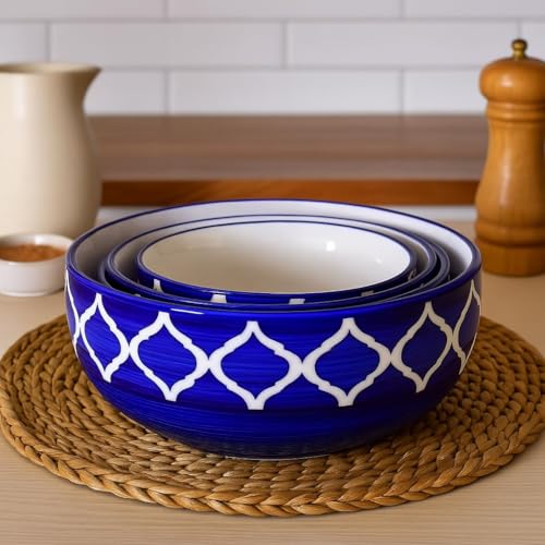 Image of Ceramic Mixing Bowl Set - 4 Pieces (1500ml, 800ml, 600ml, 400ml), Blue Umrao - Durable, Microwave & Dishwasher Safe - Ideal for Mixing, Serving & Storage