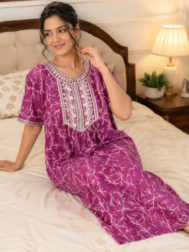 Image of Embroidery Nighty for Women Pure Cotton Combo Pack of 2 | Free Size Gown for Women Cotton Nighties for Women Stylish Night Dress | Maxi Sleepwear Maroon & Purple
