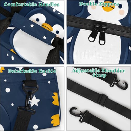 Penguin Theme Gym Travel Duffle Bag for Boys - Gymnastics Sports Dance Bag with Front Zipper Pocket for School Practice or Overnight Travel Weekender Sleepover Tote Bag Starry Night Penguins4