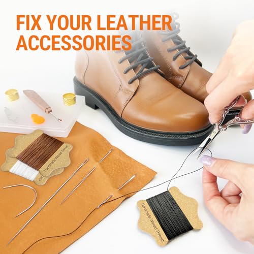 Hilo de coser encerado (3 colores), agujas pesadas (11 piezas), agujas afiladas de ojo grande (250 piezas) — Agujas duraderas para coser a mano, adecuadas para cuero, lona y más miniatura 7