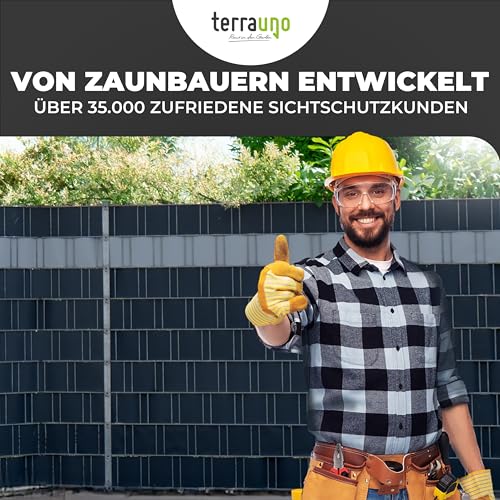 TerraUno Nachhaltige Sichtschutzstreifen für Doppelstabmatten, Polypropylen, Made in Germany, RAL 7016 Anthrazit, 26m x19cm Rolle, extra stabil, Lederoptik, Zaun Sichtschutz mit UV-Beständigkeit