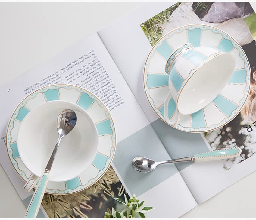 Kubki do kawy spodek zestaw z łyżką vintage porcelanowy zestaw filiżanek do kawy, biały niebieski zestaw filiżanek do herbaty ze złotym wykończeniem i pudełkiem prezentowym na herbatę