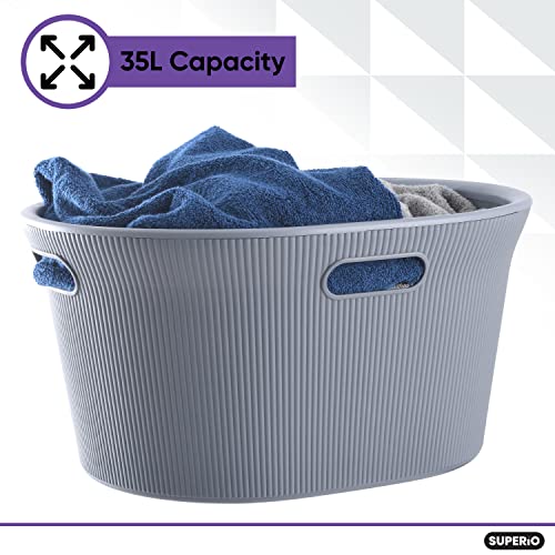 Image of Superio Ribbed Collection - Decorative Plastic Laundry Basket with Cut-Out Handles, Grey (2 Pack) Hamper Organzier for Bedroom Bathroom College Dorm Room 35 Liter