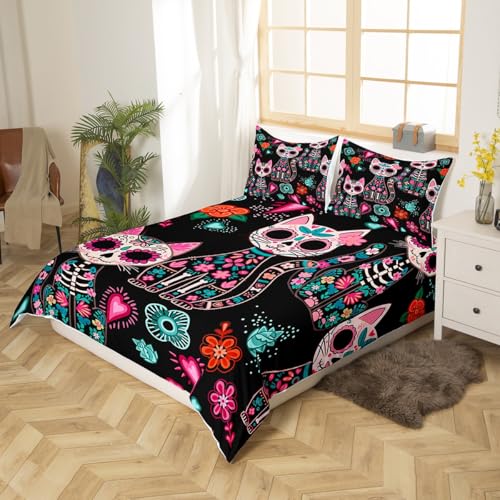 Exotic Cats Duvet Cover Single Size,Sugar Skull Halloween Animal Skeleton Bedding Set 2 Pcs for Boys Girls,Bohemian Flowers Western Tribal Comforter Cover(No Filler),Black Quilt Cover - Image 3
