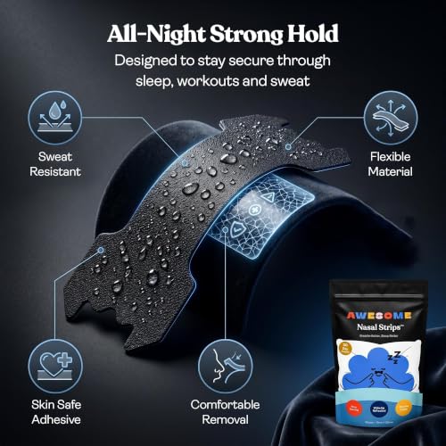 Image of AWESOME Nasal Strips for Breathing & Snoring Relief, 60 Strips - Strong Hold Nose Strips for Better Airflow, Sports Performance & Sleep - Skin-Safe, Sweat-Resistant, CDSCO Approved