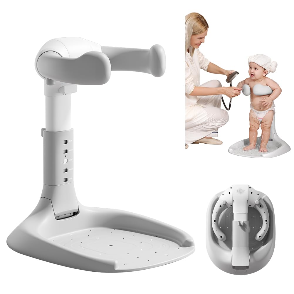Baby Shower Stand, Baby Bath Support, Shower Standing Support with Adjustable Height and Armrest, Bath Stand with Anti-Skip and Shower Head Holder,