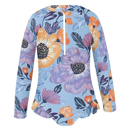 CHIFIGNO Girls One Piece Swimsuit Quick Dry Rashguard Zipper Swimwear, Orange Purple Flowers Blue 3T2